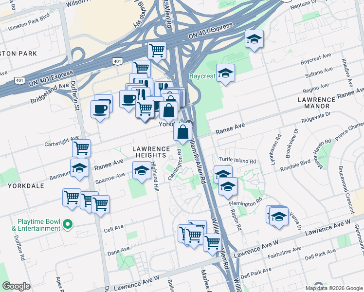 map of restaurants, bars, coffee shops, grocery stores, and more near 160 Flemington Road in Toronto