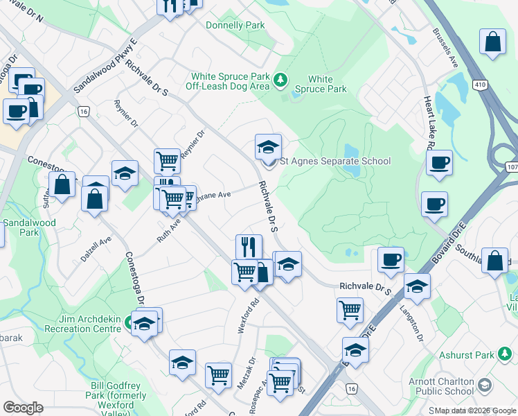 map of restaurants, bars, coffee shops, grocery stores, and more near 85 Cheviot Crescent in Brampton