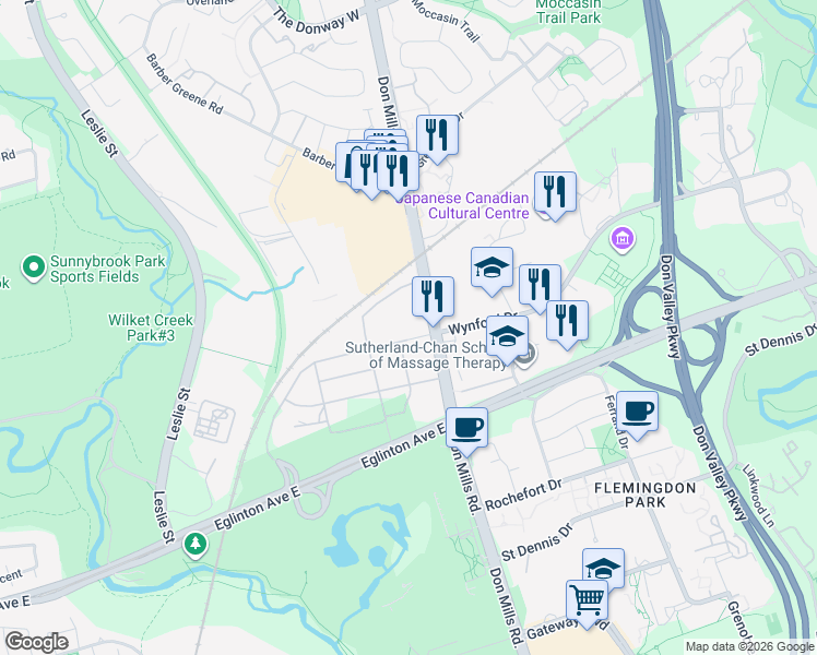 map of restaurants, bars, coffee shops, grocery stores, and more near 844 Don Mills Road in Toronto