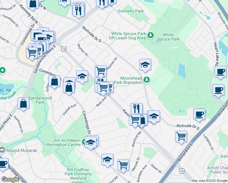 map of restaurants, bars, coffee shops, grocery stores, and more near 8 Cochrane Avenue in Brampton