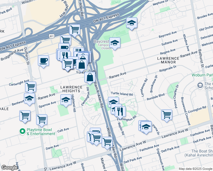 map of restaurants, bars, coffee shops, grocery stores, and more near 120 Varna Drive in Toronto