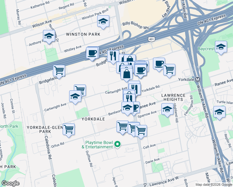 map of restaurants, bars, coffee shops, grocery stores, and more near in Toronto