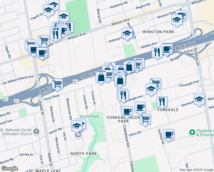 map of restaurants, bars, coffee shops, grocery stores, and more near in Toronto