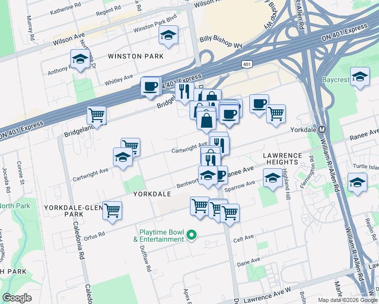 map of restaurants, bars, coffee shops, grocery stores, and more near 25 Cartwright Avenue in Toronto