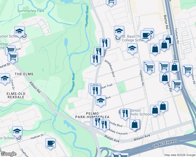 map of restaurants, bars, coffee shops, grocery stores, and more near 1 Aura Lea Boulevard in Toronto