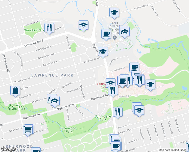 map of restaurants, bars, coffee shops, grocery stores, and more near 48 Daneswood Road in Toronto