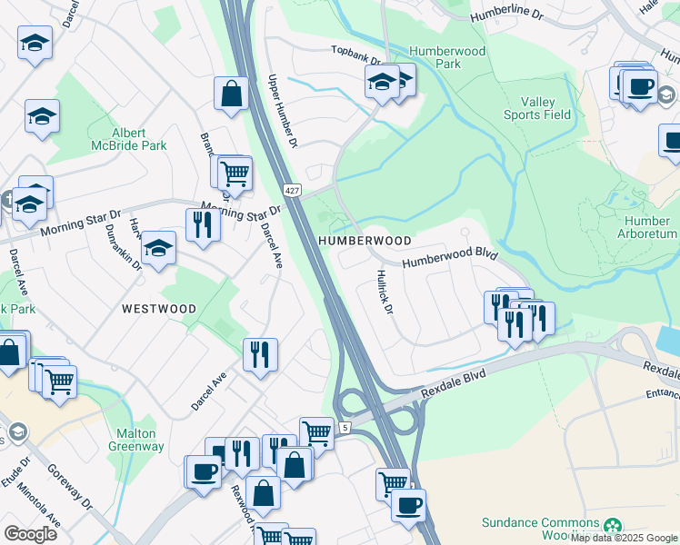 map of restaurants, bars, coffee shops, grocery stores, and more near 18C View Green Crescent in Toronto