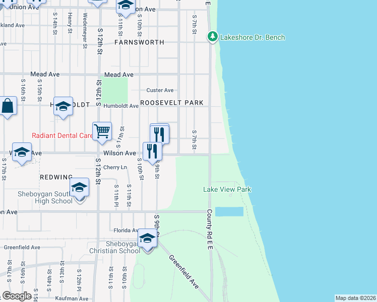 map of restaurants, bars, coffee shops, grocery stores, and more near 2915 South 8th Street in Sheboygan