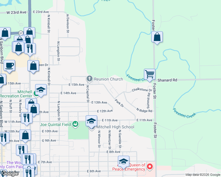 map of restaurants, bars, coffee shops, grocery stores, and more near 1430-1506 Park Dr in Mitchell