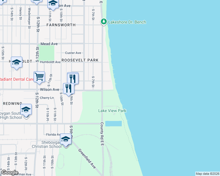map of restaurants, bars, coffee shops, grocery stores, and more near 522 Wilson Avenue in Sheboygan
