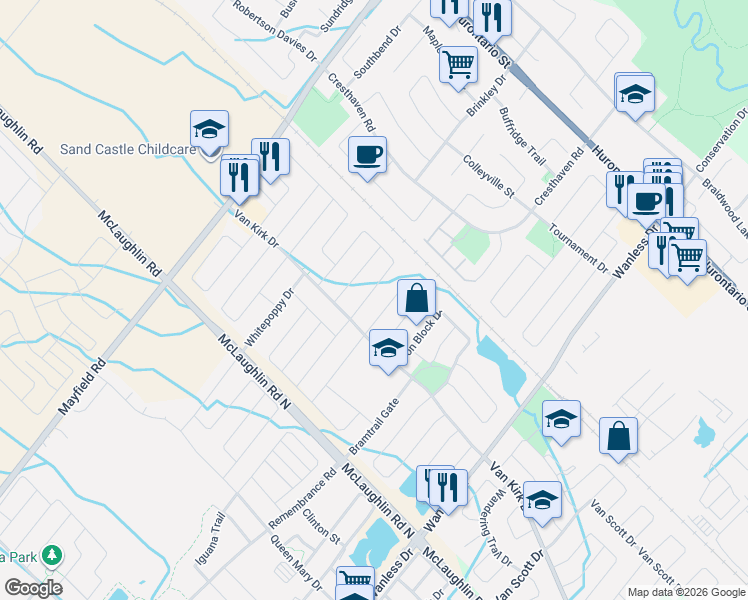 map of restaurants, bars, coffee shops, grocery stores, and more near 16 Begonia Crescent in Brampton