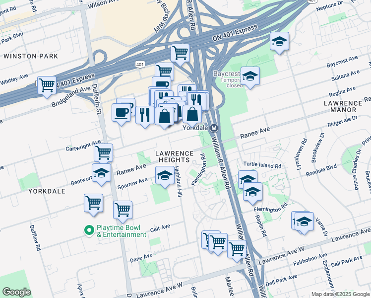 map of restaurants, bars, coffee shops, grocery stores, and more near 274 Ranee Avenue in Toronto