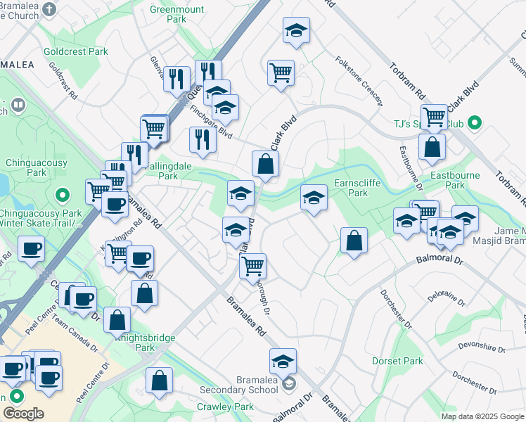 map of restaurants, bars, coffee shops, grocery stores, and more near 2 Earnscliffe Gate in Brampton
