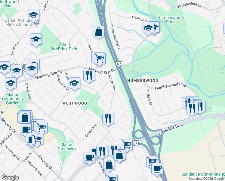 map of restaurants, bars, coffee shops, grocery stores, and more near 6821 Darcel Avenue in Mississauga
