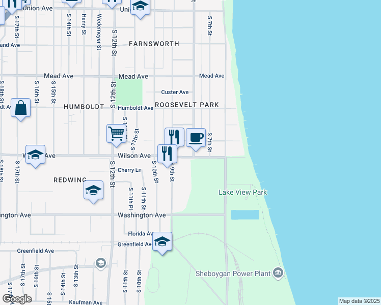 map of restaurants, bars, coffee shops, grocery stores, and more near 2924 South 8th Street in Sheboygan