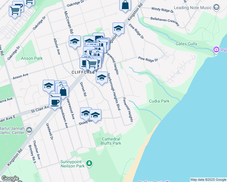 map of restaurants, bars, coffee shops, grocery stores, and more near Scarborough Heights Boulevard in Toronto