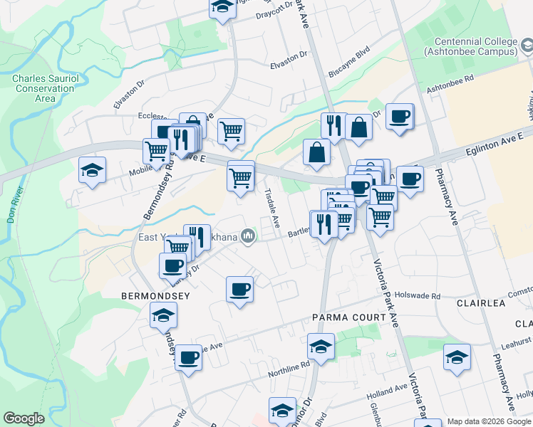 map of restaurants, bars, coffee shops, grocery stores, and more near 27 Spruce Pines Crescent in Toronto