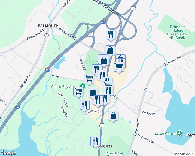 map of restaurants, bars, coffee shops, grocery stores, and more near 240 Route 1 in Falmouth
