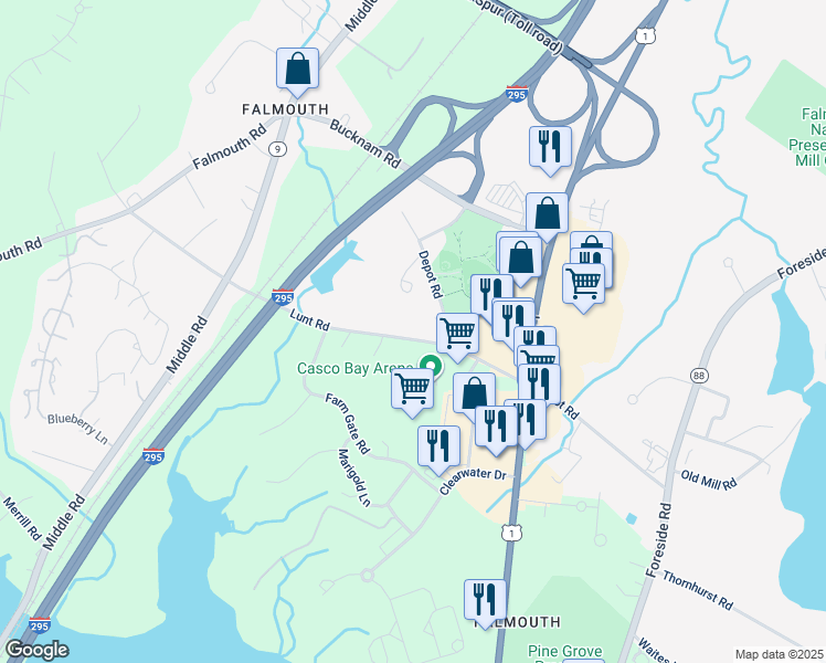 map of restaurants, bars, coffee shops, grocery stores, and more near 9 Lunt Road in Falmouth