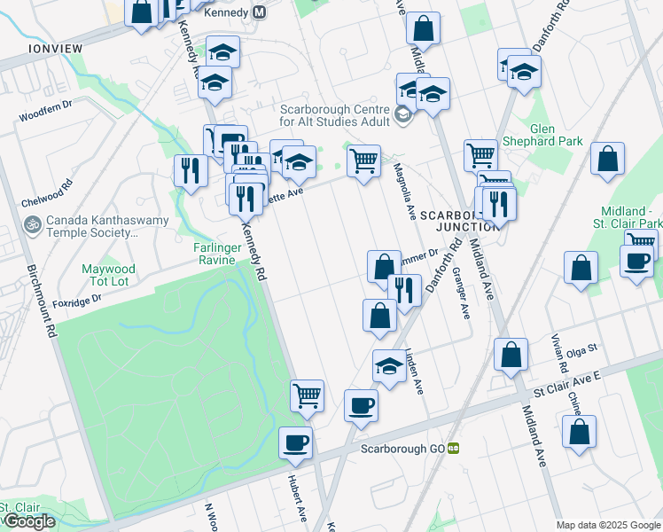 map of restaurants, bars, coffee shops, grocery stores, and more near in Toronto