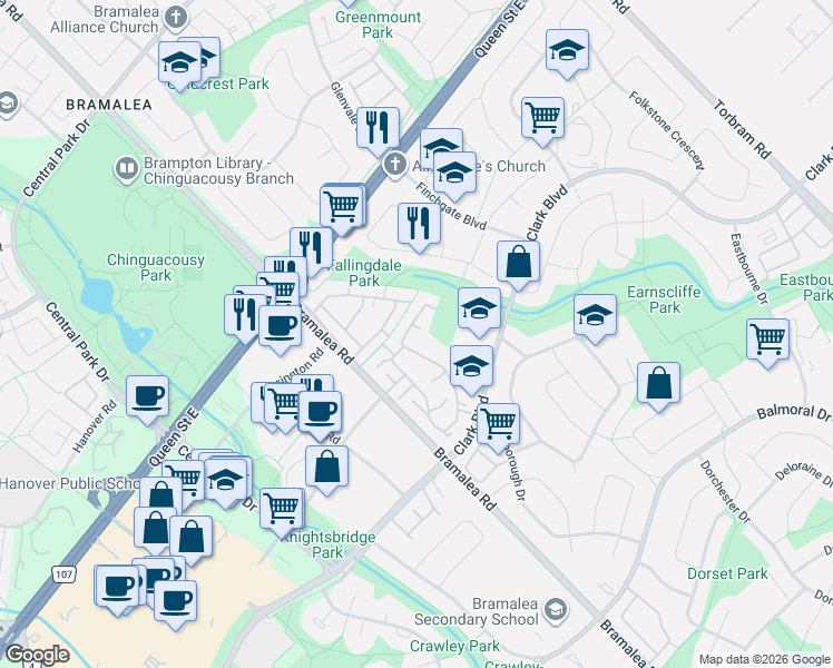 map of restaurants, bars, coffee shops, grocery stores, and more near 332 Fleetwood Crescent in Brampton