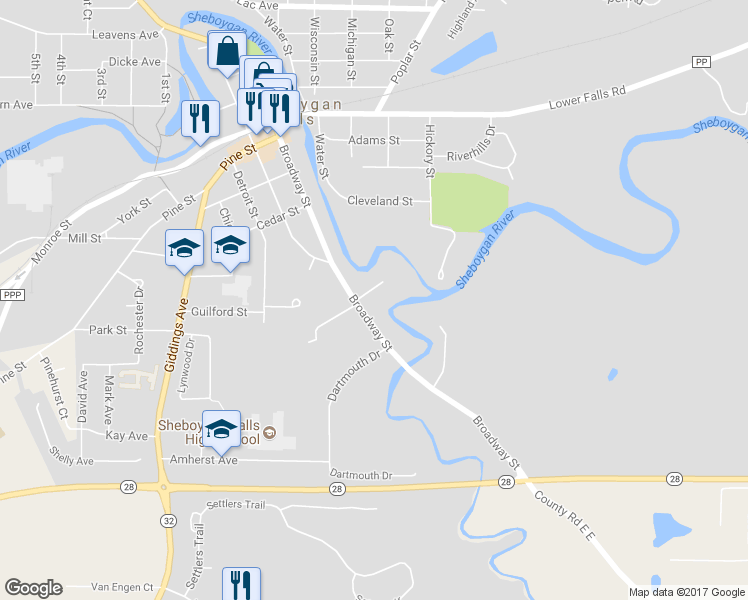 map of restaurants, bars, coffee shops, grocery stores, and more near 103 Evans Court in Sheboygan Falls