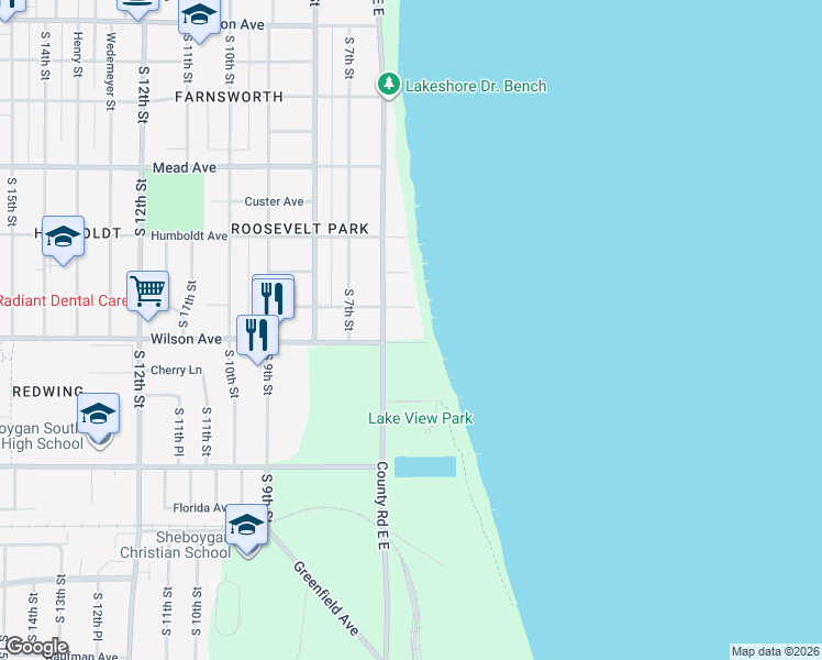 map of restaurants, bars, coffee shops, grocery stores, and more near 530 Wilson Avenue in Sheboygan