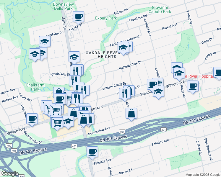 map of restaurants, bars, coffee shops, grocery stores, and more near 41 William Cragg Drive in Toronto