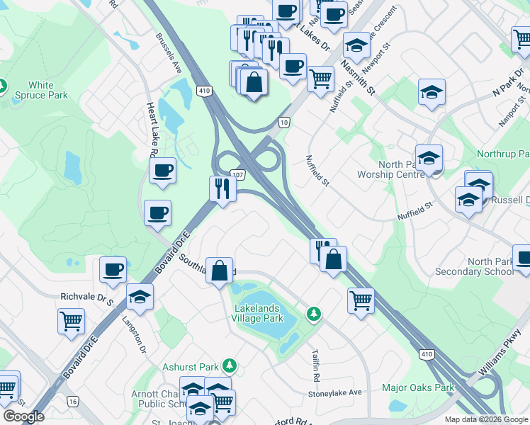 map of restaurants, bars, coffee shops, grocery stores, and more near 68 Harbourtown Crescent in Brampton