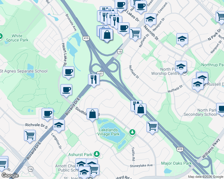 map of restaurants, bars, coffee shops, grocery stores, and more near 68 Harbourtown Crescent in Brampton