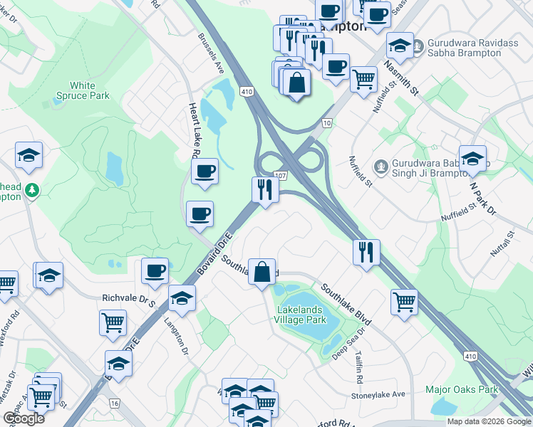 map of restaurants, bars, coffee shops, grocery stores, and more near 30 Deepcoral Court in Brampton