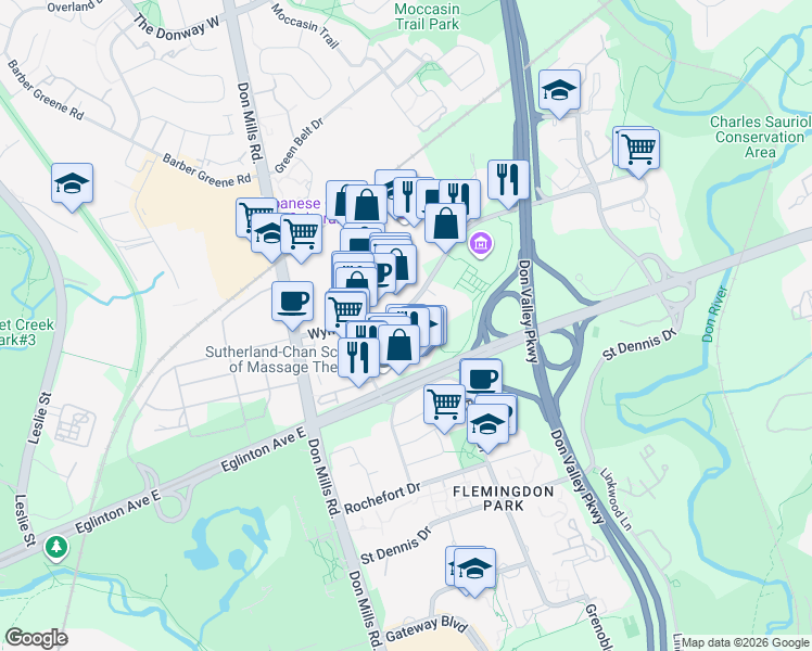 map of restaurants, bars, coffee shops, grocery stores, and more near 39 Wynford Drive in Toronto