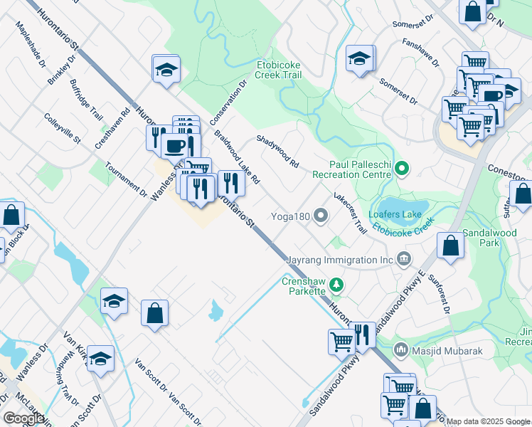 map of restaurants, bars, coffee shops, grocery stores, and more near 16 Stowe Court in Brampton