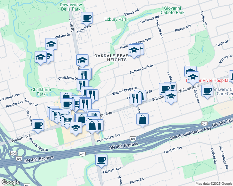 map of restaurants, bars, coffee shops, grocery stores, and more near William Cragg Drive in Toronto