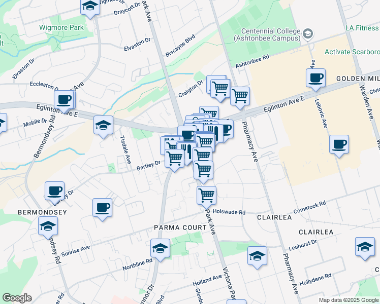map of restaurants, bars, coffee shops, grocery stores, and more near Victoria Park Ave & Eglinton Square in Toronto