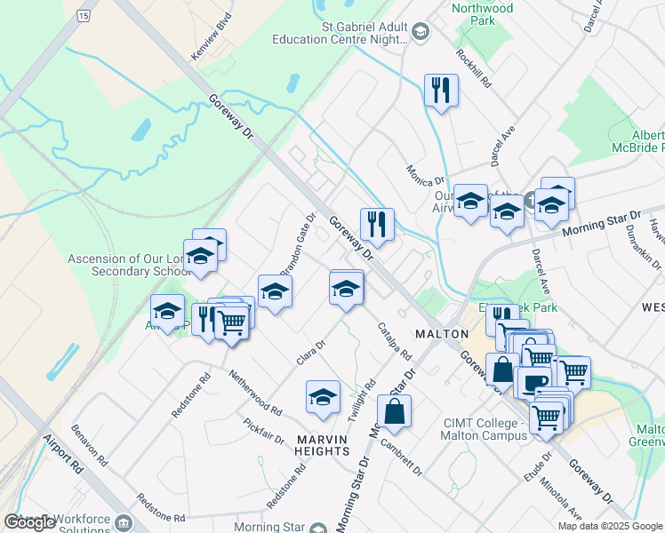 map of restaurants, bars, coffee shops, grocery stores, and more near 7541 Catalpa Road in Mississauga