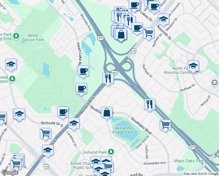 map of restaurants, bars, coffee shops, grocery stores, and more near 32 Deepcoral Court in Brampton