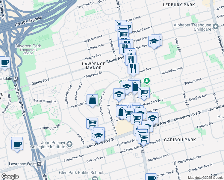 map of restaurants, bars, coffee shops, grocery stores, and more near in Toronto