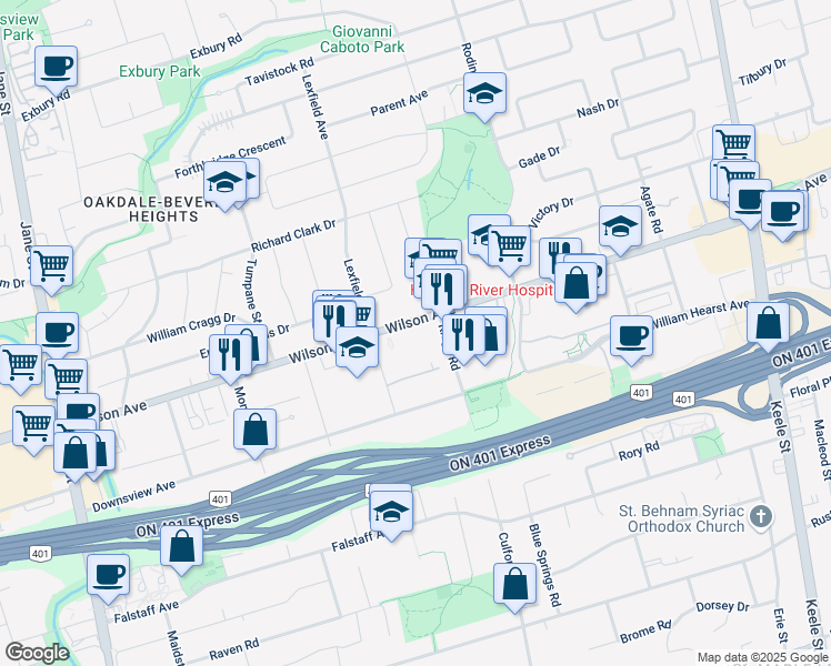 map of restaurants, bars, coffee shops, grocery stores, and more near in Toronto