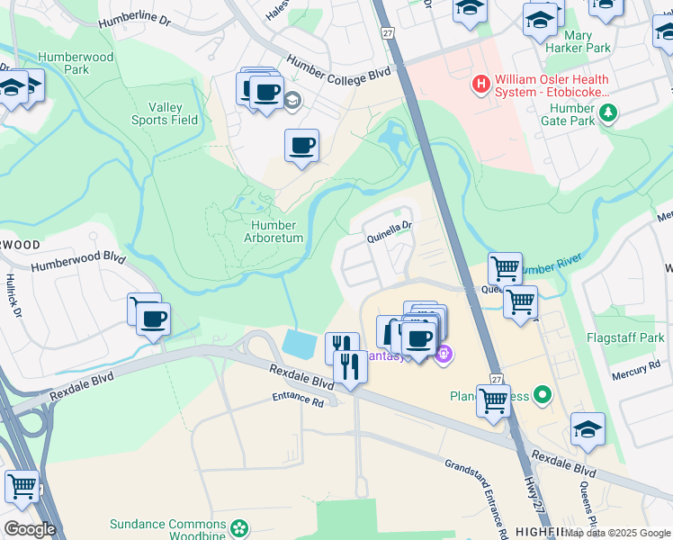 map of restaurants, bars, coffee shops, grocery stores, and more near 67 Mare Crescent in Toronto