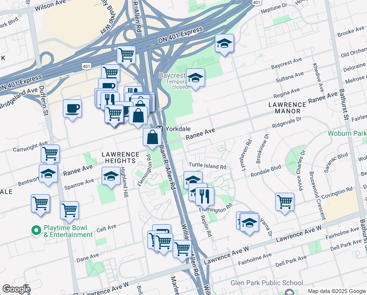 map of restaurants, bars, coffee shops, grocery stores, and more near 116 Varna Drive in Toronto