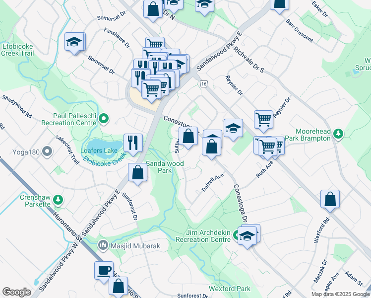 map of restaurants, bars, coffee shops, grocery stores, and more near 10 Amberwood Square in Brampton