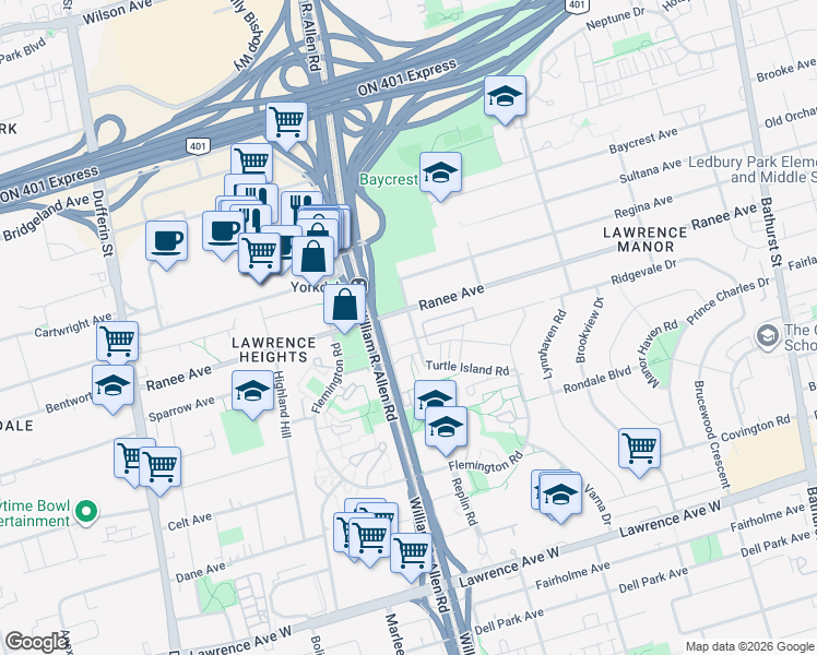 map of restaurants, bars, coffee shops, grocery stores, and more near 106 Varna Drive in Toronto