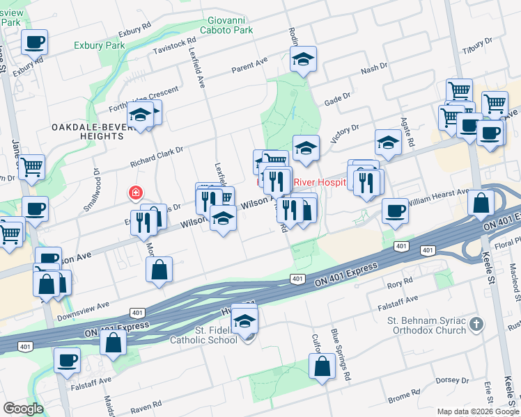 map of restaurants, bars, coffee shops, grocery stores, and more near 1305 Wilson Avenue in Toronto