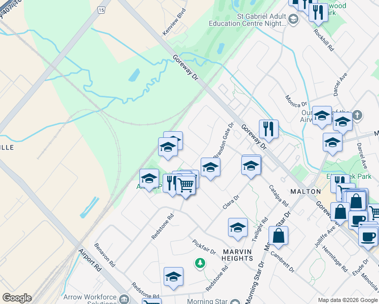map of restaurants, bars, coffee shops, grocery stores, and more near 7761 Anaka Drive in Mississauga