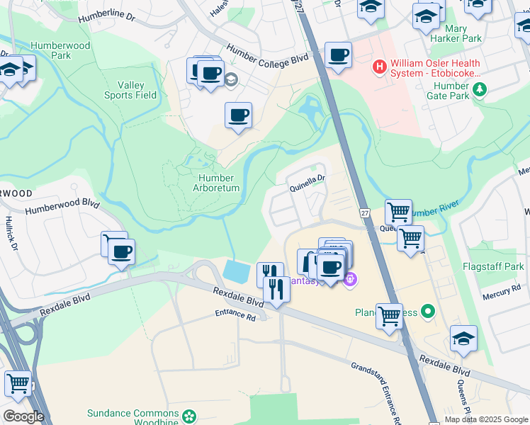 map of restaurants, bars, coffee shops, grocery stores, and more near 67 Mare Crescent in Toronto