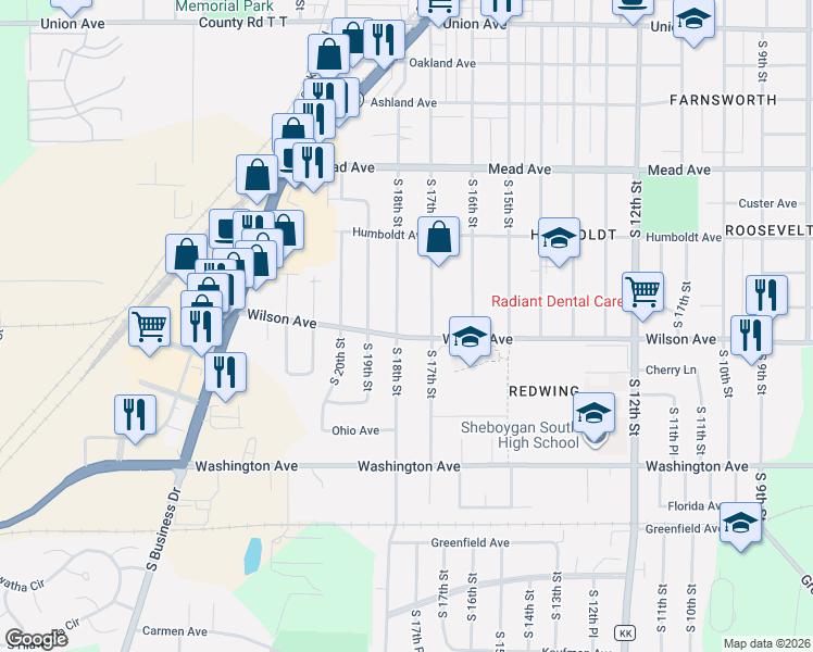 map of restaurants, bars, coffee shops, grocery stores, and more near 2919 S 18th St in Sheboygan