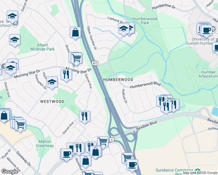 map of restaurants, bars, coffee shops, grocery stores, and more near 35 View Green Crescent in Toronto