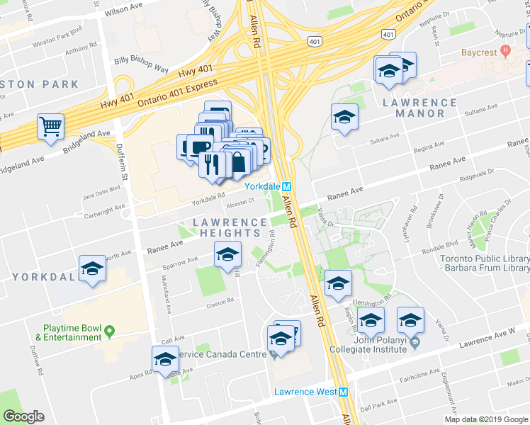 map of restaurants, bars, coffee shops, grocery stores, and more near 260 Ranee Avenue in Toronto