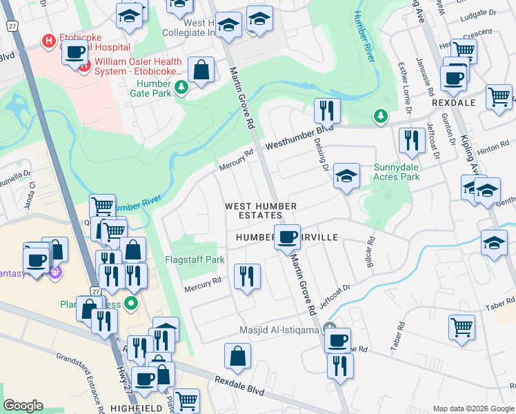 map of restaurants, bars, coffee shops, grocery stores, and more near 28 Pergola Road in Toronto